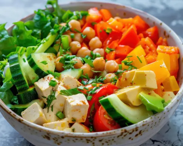 Salade colorée avec pois chiches, tofu, concombre, poivrons et avocat. Une excellente idée repas froid soir, fraîche et nutritive.