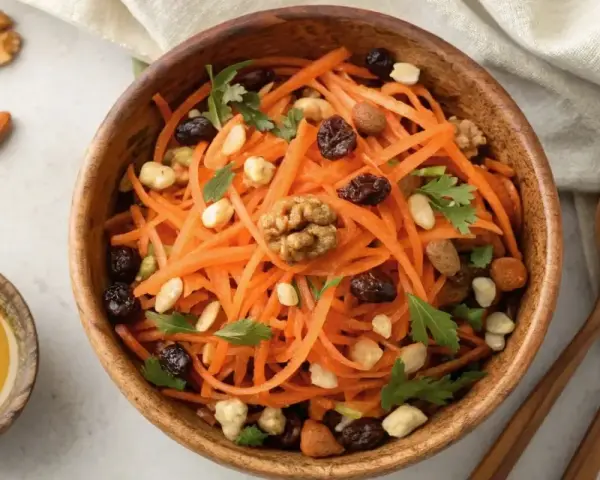 Salade de carottes râpées, garnie de noix, raisins secs et persil, dans un bol en bois. Un petit ramequin de miel est à côté.