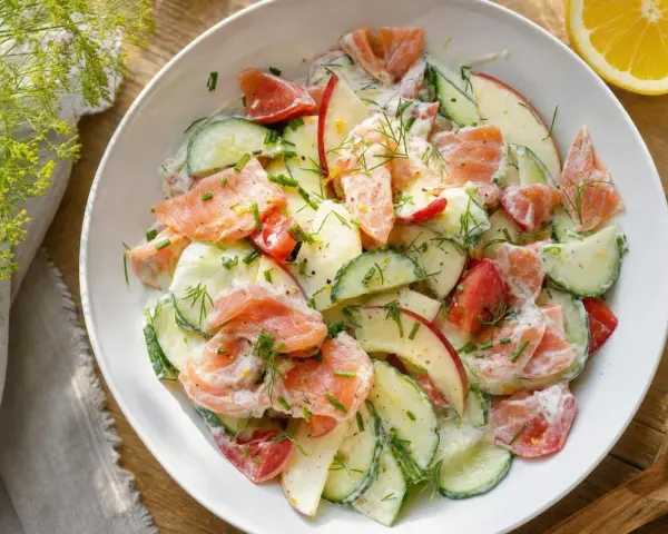 Salade de saumon, concombre, pomme et tomate, nappée d'une sauce crémeuse. Un repas léger midi marmiton parfait pour se régaler.