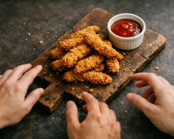 Des doigts s'approchent d'un tas de poulet pané croustillant sur une planche en bois, avec un petit ramequin de sauce tomate.