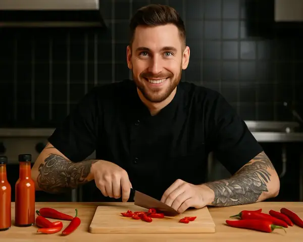 Chef souriant prépare une sauce piquante recette facile. Des piments rouges et des bouteilles de sauce sont sur la table.