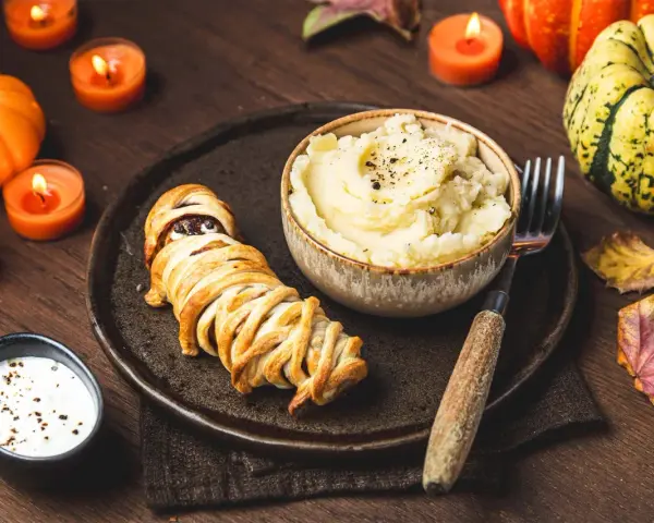 Un délicieux menu d'Halloween pour adultes : une momie feuilletée, purée de pommes de terre et sauce crémeuse, le tout dans une ambiance tamisée par des bougies.