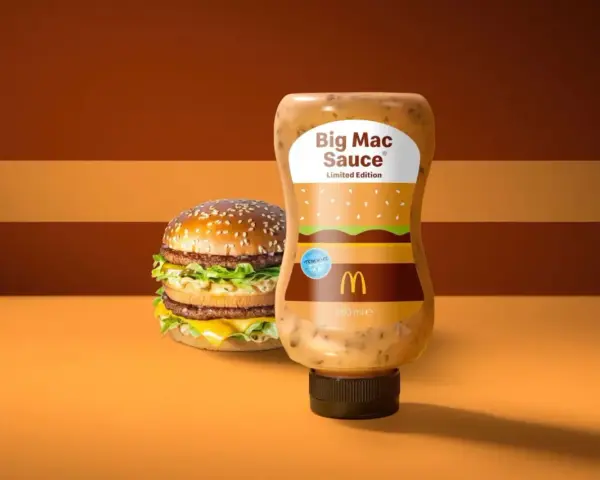 Bouteille de sauce Big Mac en édition limitée à côté d'un Big Mac. La sauce a un design inspiré du burger.
