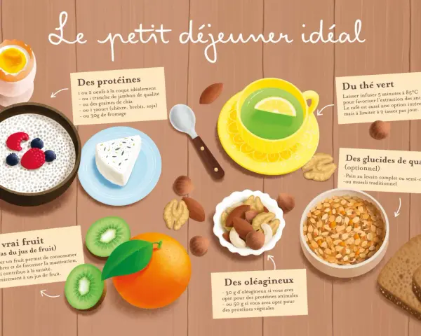 Un petit déjeuner idéal : protéines (œufs, fromage), fruits (orange, kiwi), oléagineux, glucides (pain, muesli) et thé vert.