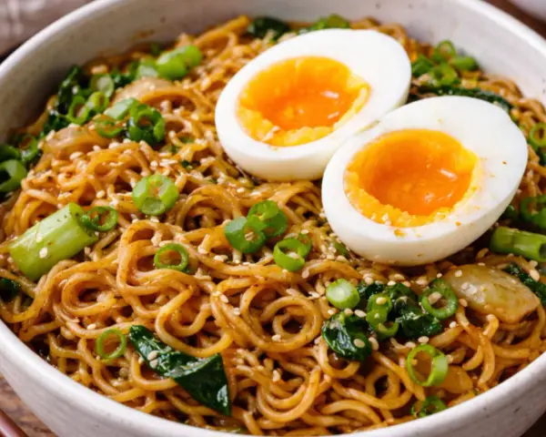 Un bol de ramen sauté garni d'œufs mollets, d'oignons verts et de graines de sésame. Un plat savoureux et réconfortant.