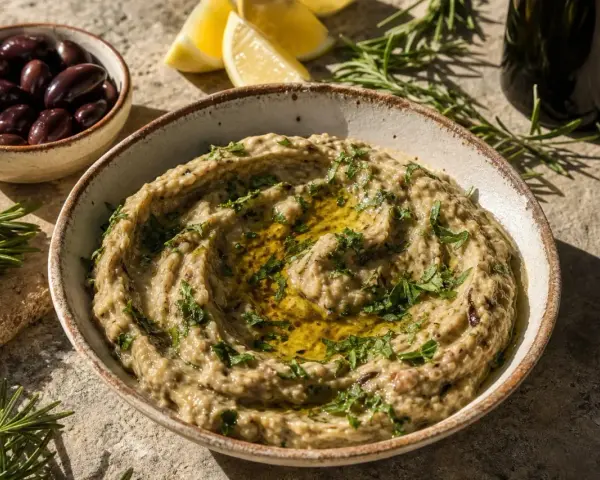 Un bol de caviar d'aubergine crémeux, garni d'herbes fraîches et d'huile d'olive, avec des olives, des quartiers de citron et du romarin en arrière-plan.