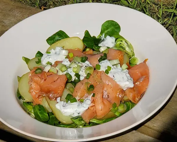 Salade nordique appétissante : saumon fumé, pommes de terre, salade verte et sauce crémeuse aux herbes. Parfait pour un repas léger.