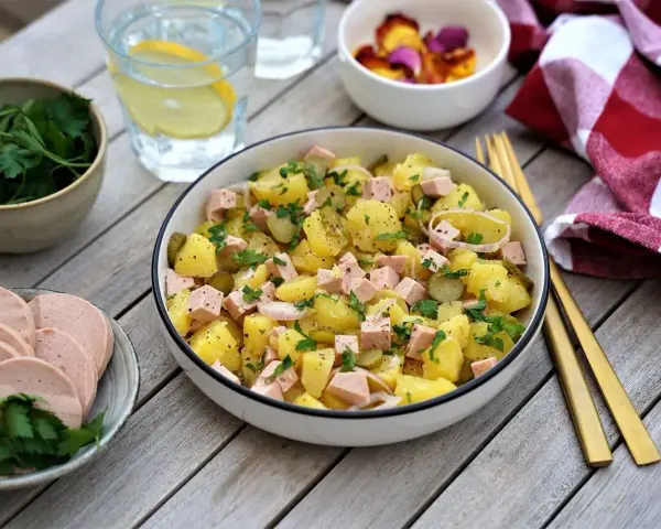 Salade strasbourgeoise appétissante avec pommes de terre, saucisse en dés, cornichons et persil frais. Un délice alsacien !