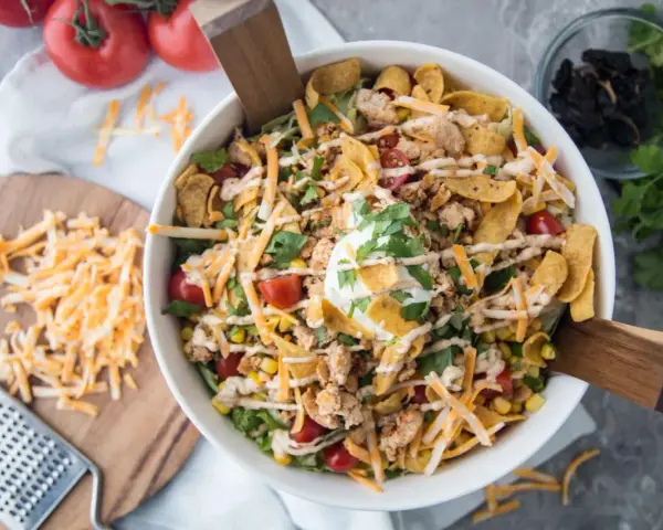 Salade Tex Mex généreuse avec poulet émietté, maïs, tomates cerises, fromage râpé, éclats de tortilla et une touche de crème. Parfait pour un repas plein de saveurs.