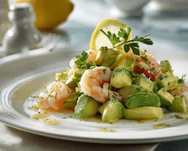 Salade avocat crevette fraîchement préparée, garnie d'une tranche de citron et de persil.