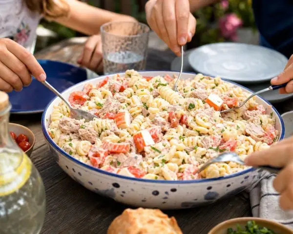Un grand plat de salade de pâtes au surimi, tomates et thon, servi à l'extérieur. Des mains servent la salade.