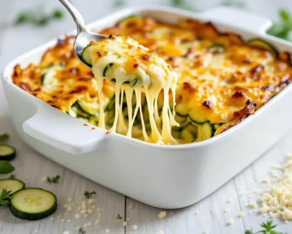 Une cuillère soulève une portion généreuse de gratin de légumes, révélant des courgettes fondantes sous un fromage doré et filant.