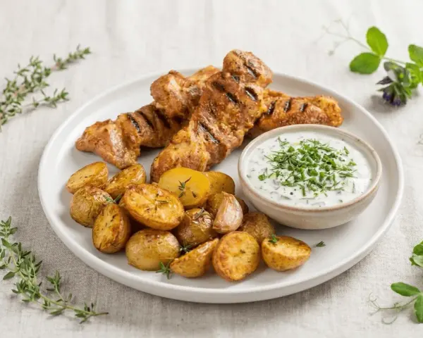 Brochettes de porc grillées, pommes de terre rôties et sauce crémeuse aux herbes. Un délice de marinade porc.