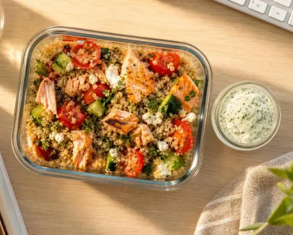 Un délicieux repas chaud à emporter pour le midi : quinoa, saumon grillé, tomates, concombre et feta, avec une sauce crémeuse. Parfait pour un déjeuner sain au bureau.