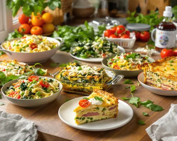 Des plats variés prêts à être dégustés, parfaits pour une idée batch cooking réussie. Lasagnes, pâtes et salades composent ce festin.
