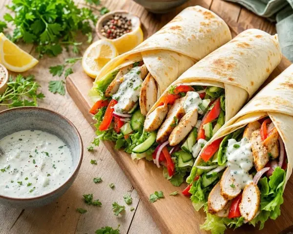 Trois wraps généreux remplis de poulet grillé, légumes frais et une sauce onctueuse pour wrap. Un délice !
