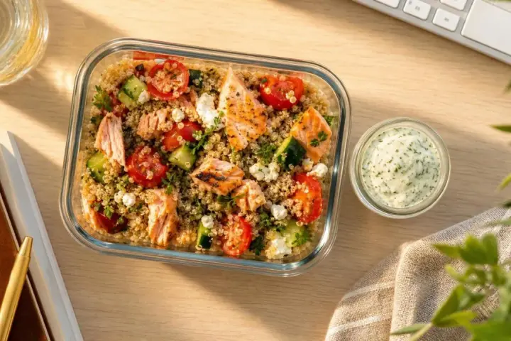 Un délicieux repas chaud à emporter pour le midi : quinoa, saumon grillé, tomates, concombre et feta, avec une sauce crémeuse. Parfait pour un déjeuner sain au bureau.