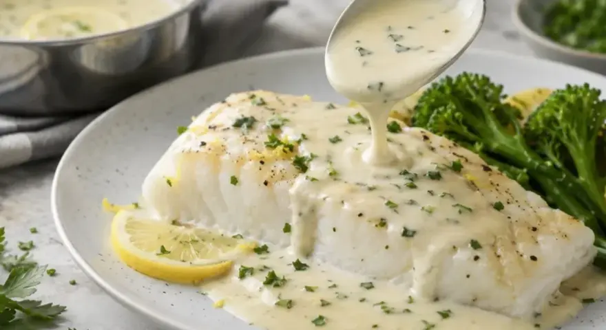 Un filet de poisson blanc nappé d'une onctueuse sauce blanche au citron et aux herbes, accompagné de brocolis.