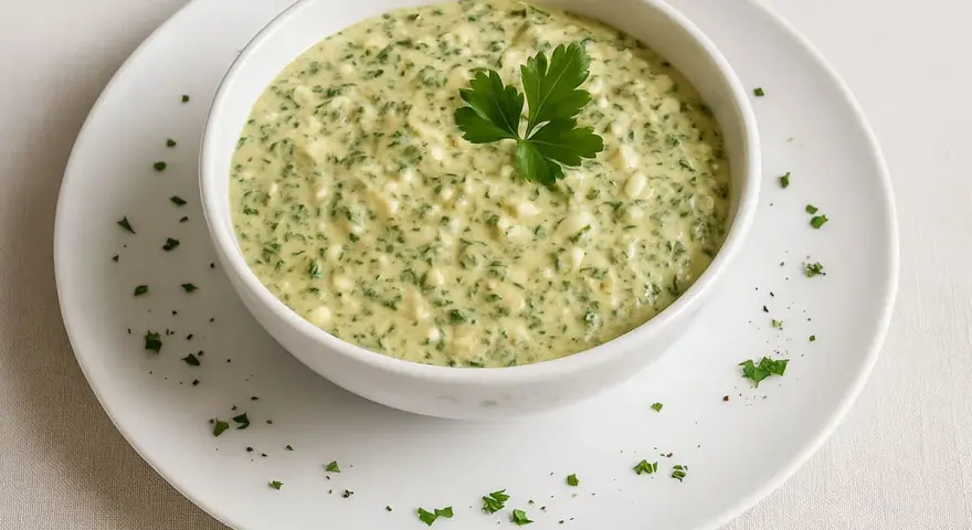 Un bol de sauce gribiche crémeuse, parsemée de persil frais et de petits morceaux d'œuf dur, garni d'une feuille de persil.