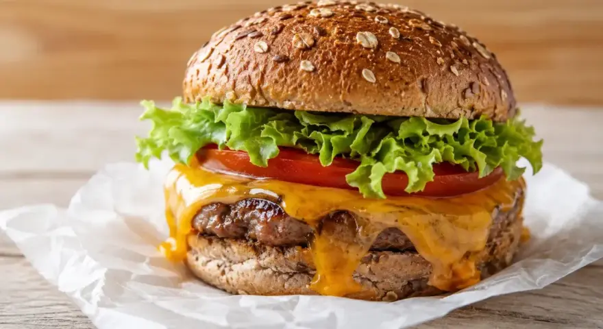 Un délicieux burger avec une salade croquante, une tomate juteuse et du fromage fondant. Un vrai régal !