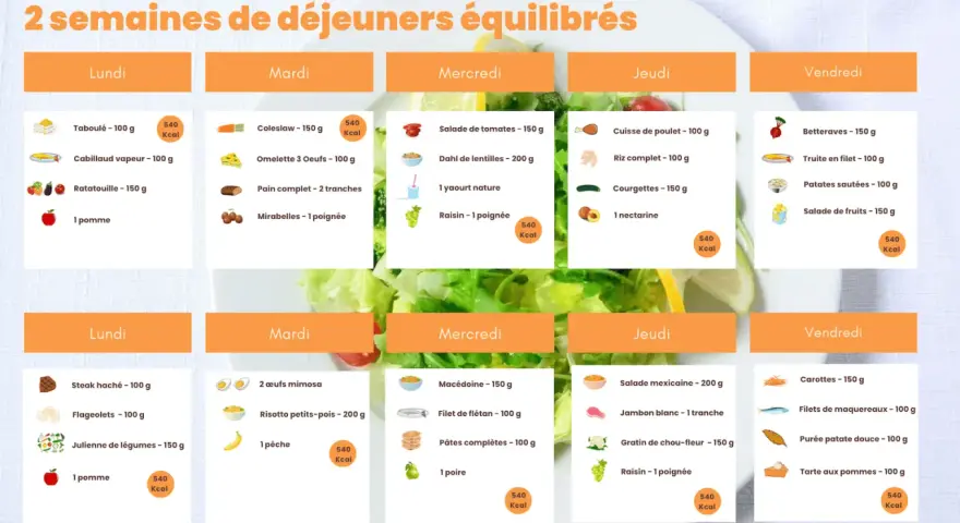 Menus de deux semaines pour manger au bureau sainement. Chaque jour propose des options équilibrées avec leurs calories.