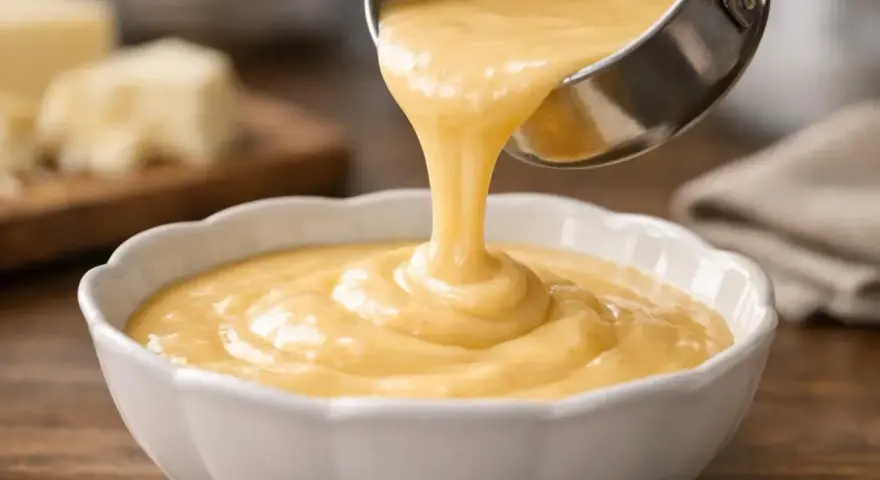 Une louche verse une sauce fromagère onctueuse dans un bol blanc. Des blocs de fromage sont flous en arrière-plan.