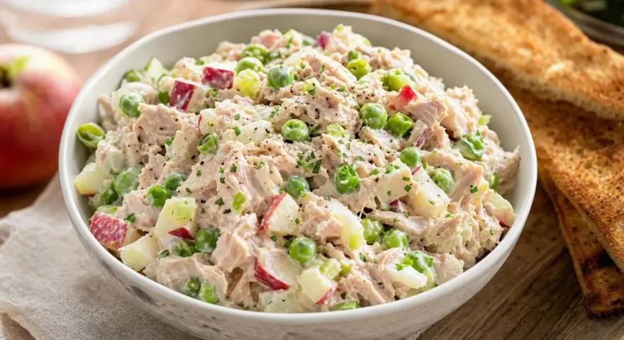 Salade de thon crémeuse avec des morceaux de pomme rouge, des petits pois et du céleri, garnie d'herbes fraîches et de poivre noir.