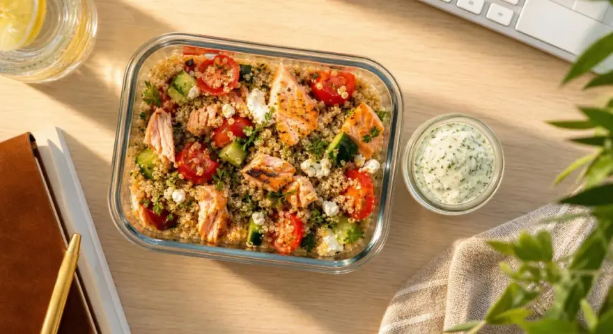 Salade de quinoa avec saumon grillé, tomates, concombre et feta, parfaite pour un repas lunch sain. Sauce crémeuse à l'aneth à côté.