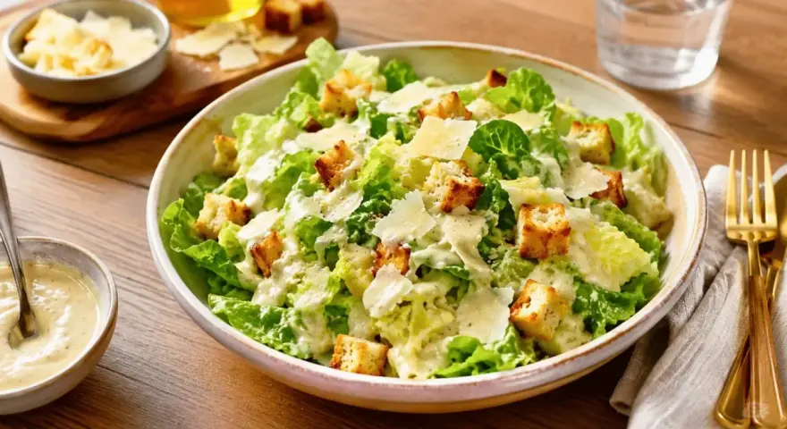 Une généreuse salade César fraîchement préparée, garnie de croûtons dorés et de copeaux de parmesan.