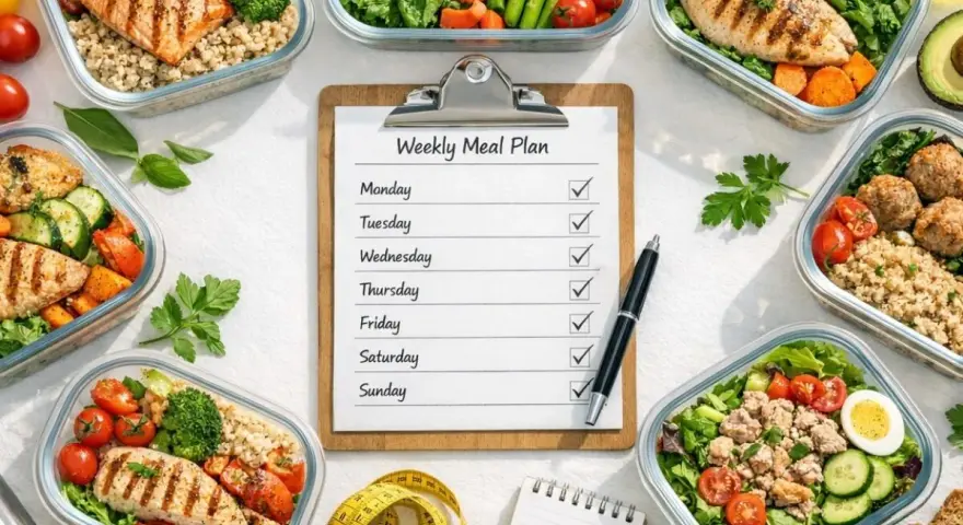 Un planificateur de repas hebdomadaire avec des contenants de repas sains et faciles : saumon, crevettes, poulet, boulettes de viande, salade.