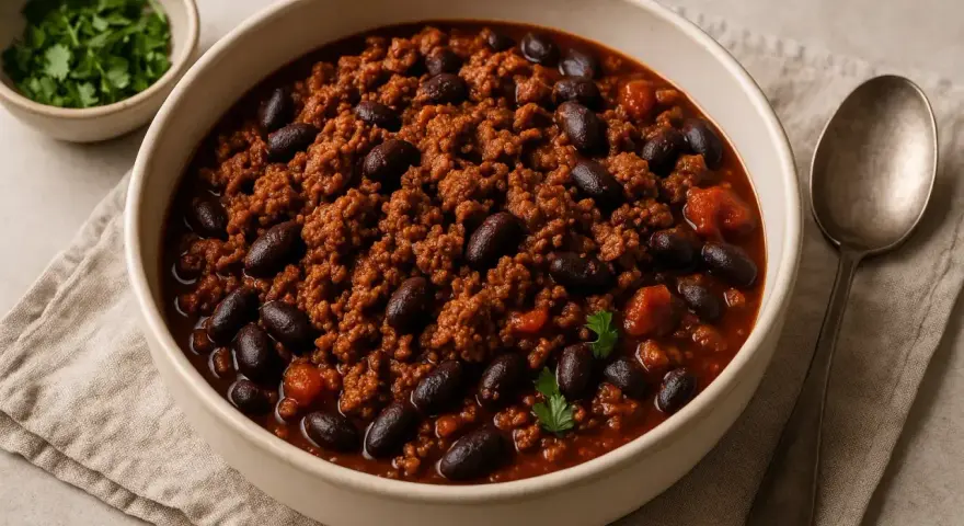 Un bol de chili con carne, une recette réconfortante avec viande hachée et haricots noirs, garni de persil frais.