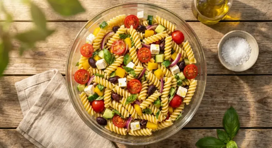 Salade de pâtes colorée avec tomates cerises, concombre, olives, poivrons jaunes et feta. Un plat frais et estival.