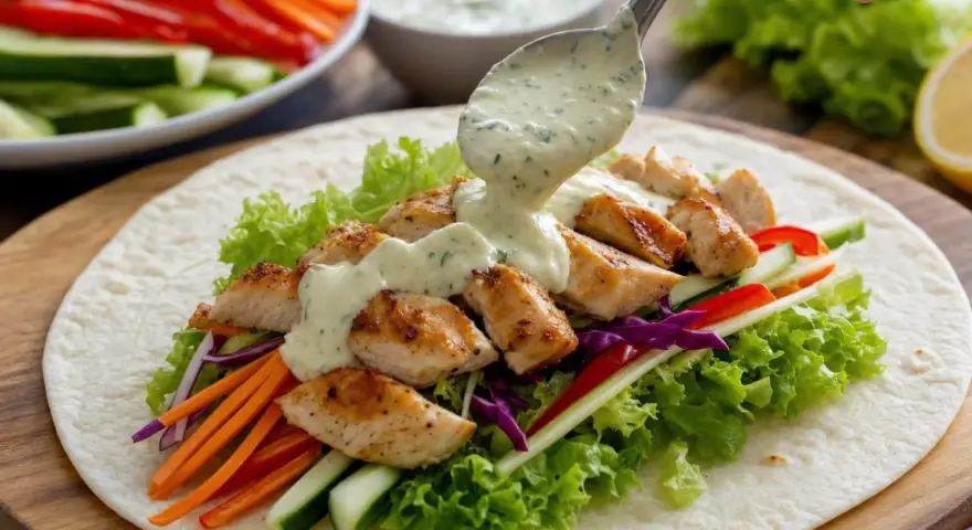 Sauce crémeuse versée sur un wrap garni de poulet grillé, laitue, carottes, concombre et chou rouge. Parfait pour une recette sauce wrap facile.