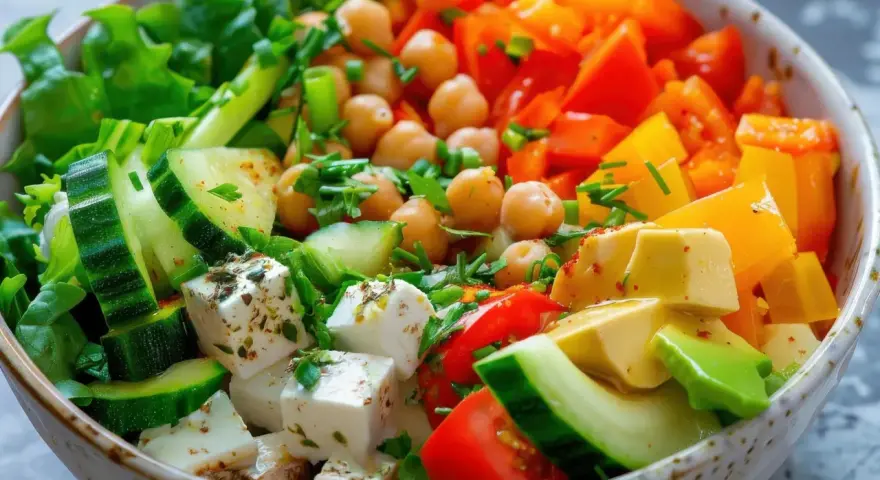 Un bol coloré de salade fraîche avec pois chiches, concombre, tomates, poivrons, avocat et feta. Parfait pour savoir que manger froid.