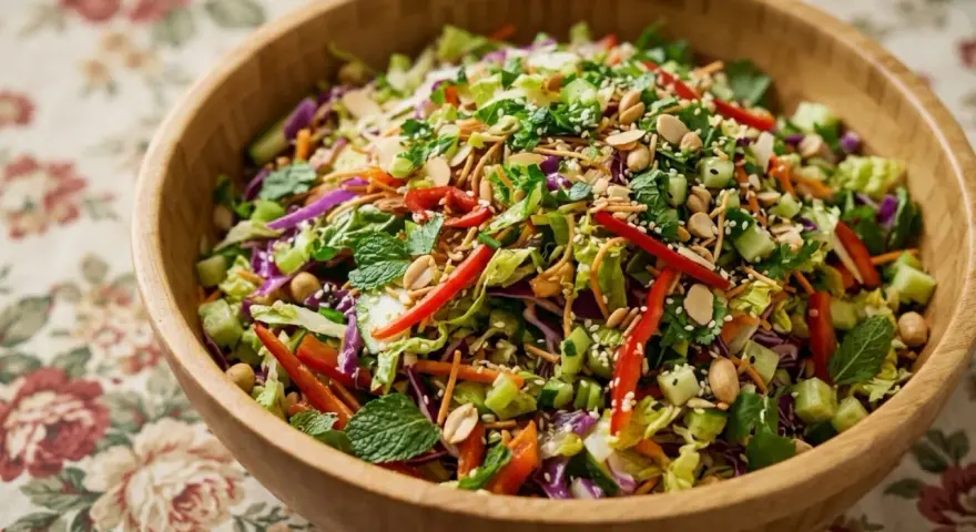 Salade asiatique colorée dans un bol en bois, garnie de cacahuètes, d'amandes effilées et de graines de sésame.