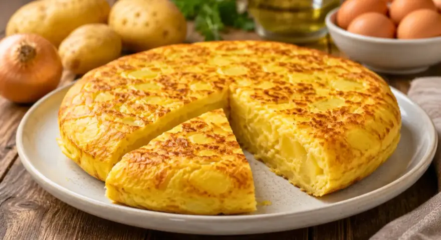 Une délicieuse tortilla espagnole, avec une part coupée, prête à être dégustée. Des pommes de terre et des oignons sont visibles en arrière-plan.