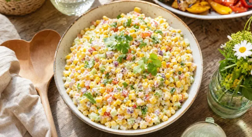Salade de maïs crémeuse avec des dés de tomates, de concombres et d'oignons rouges, garnie de coriandre fraîche. Parfait pour un pique-nique d'été.