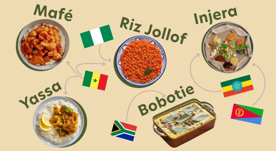 Un voyage culinaire à travers l'Afrique : Mafé, Riz Jollof, Injera, Yassa et Bobotie, des plats emblématiques.