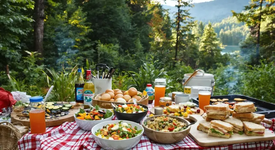 Un festin en plein air : salades, sandwichs, fruits et boissons sur une table de pique-nique. Une belle idée repas camping pour profiter de la nature.