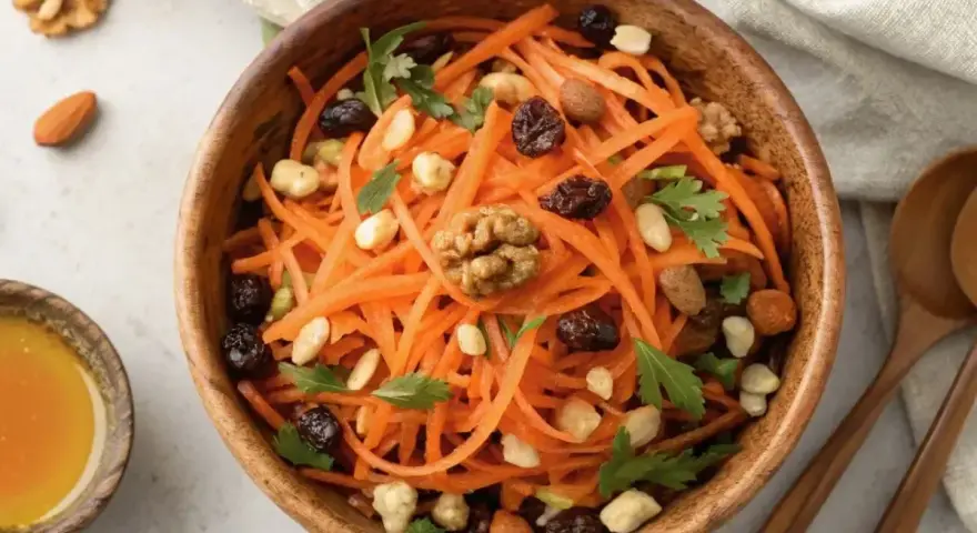 Salade de carottes râpées, garnie de noix, raisins secs et persil, dans un bol en bois. Un petit ramequin de miel est à côté.
