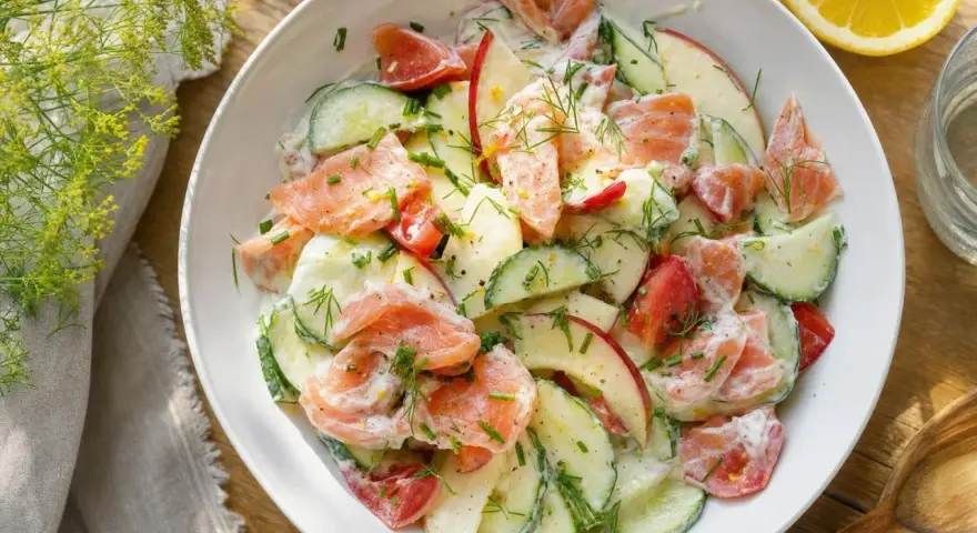 Salade de saumon, concombre, pomme et tomate, nappée d'une sauce crémeuse. Un repas léger midi marmiton parfait pour se régaler.