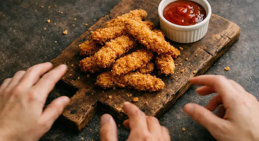 Des doigts s'approchent d'un tas de poulet pané croustillant sur une planche en bois, avec un petit ramequin de sauce tomate.