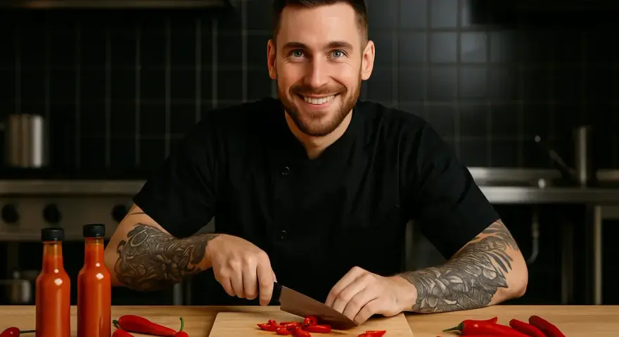 Chef souriant prépare une sauce piquante recette facile. Des piments rouges et des bouteilles de sauce sont sur la table.