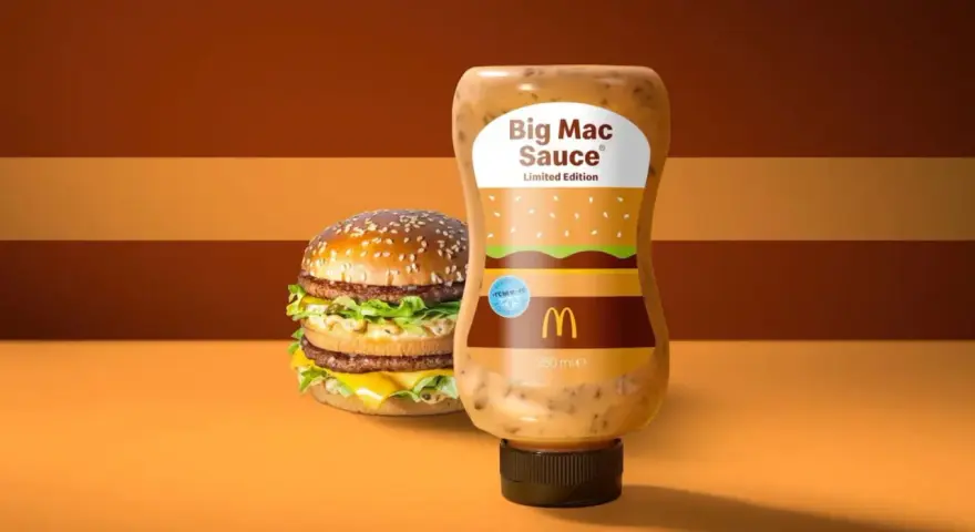 Bouteille de sauce Big Mac en édition limitée à côté d'un Big Mac. La sauce a un design inspiré du burger.