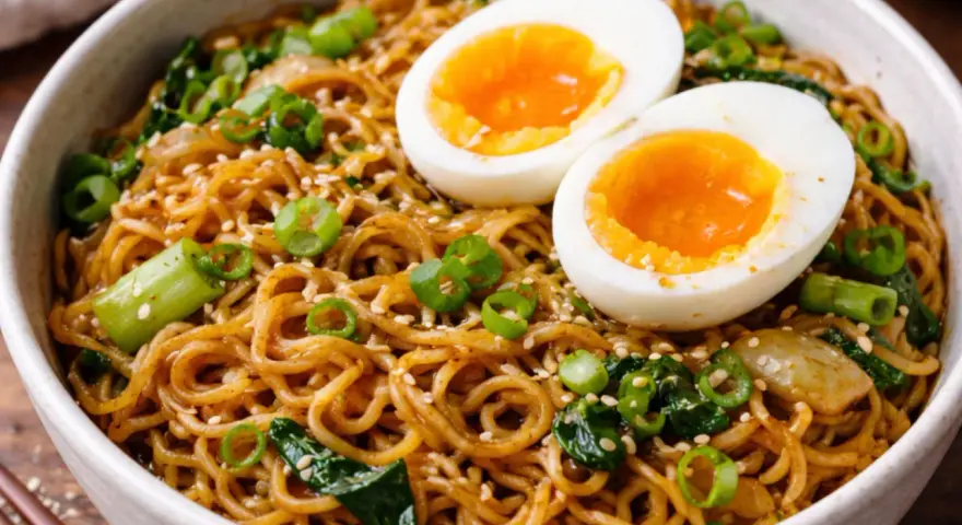 Un bol de ramen sauté garni d'œufs mollets, d'oignons verts et de graines de sésame. Un plat savoureux et réconfortant.