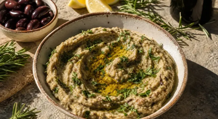 Un bol de caviar d'aubergine crémeux, garni d'herbes fraîches et d'huile d'olive, avec des olives, des quartiers de citron et du romarin en arrière-plan.