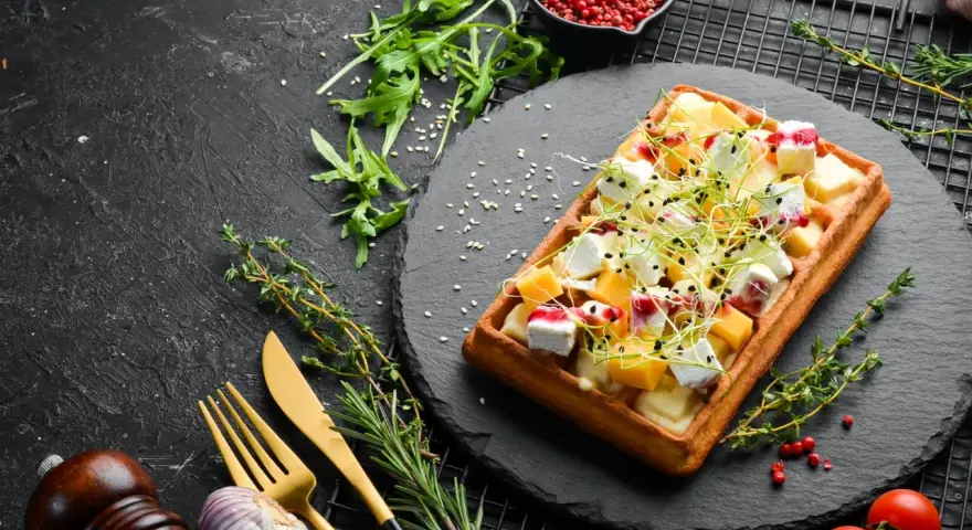 Gaufre salée garnie de fromage, de dés de mangue et de pousses vertes, sur une ardoise noire.