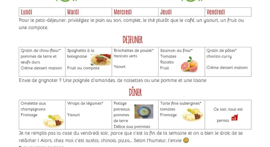 Menu de la semaine d'octobre : déjeuners variés (gratin, spaghettis, brochettes, saumon, gratin de pâtes) et dîners (omelette, wraps, potage, tarte fine).