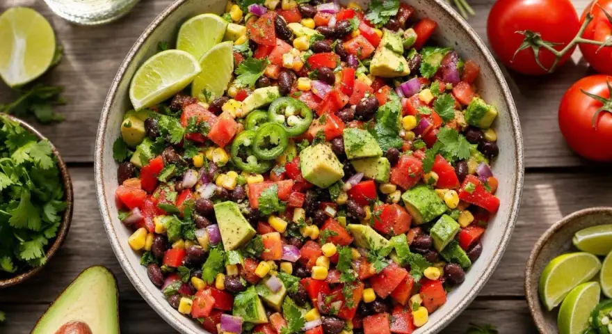 Salade mexicaine recette : un plat coloré avec haricots noirs, maïs, avocat, tomates, oignons rouges et jalapeños, garni de coriandre et de quartiers de citron vert.