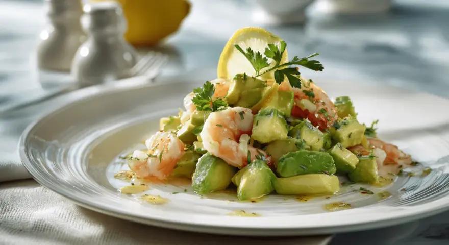 Salade avocat crevette fraîchement préparée, garnie d'une tranche de citron et de persil.